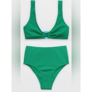 NWT Aerie FULL SET Crinkle Ring Wide Strap Scoop Top + High Waist Bottom Green